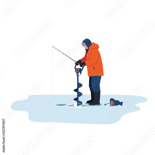 Fisherman using an ice auger on frozen lake in flat vector art
