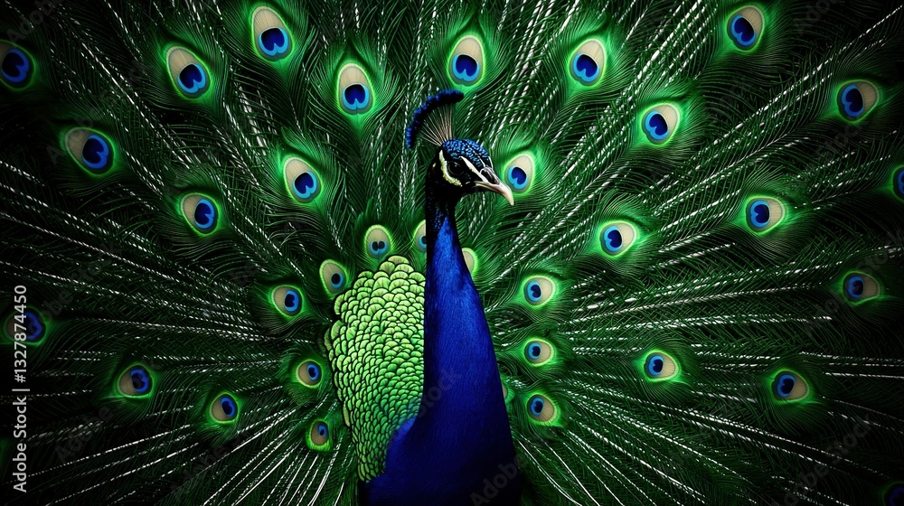 Obraz premium Close-up of a peacock spreading its feathers and turning its head to the side