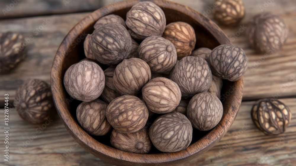 Wooden bowl of walnuts on a wooden surface Wooden bowl of walnuts on a wooden surface