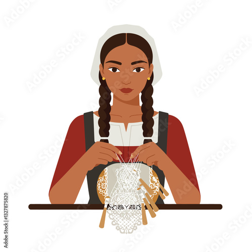 Woman crafting lace with bobbins in flat design vector art