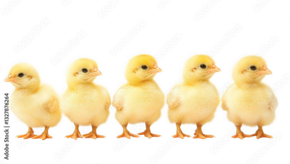 a row of five fluffy yellow chicks standing side by side against a white background showcasing their adorable and playful nature a row of five fluffy yellow chicks standing side by side against a white background showcasing their adorable and playful nature