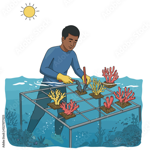 Coral restoration project with vibrant colors and minimal design style vector illustration