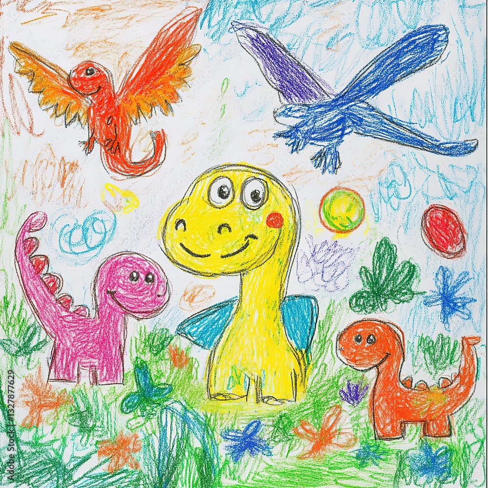 Fototapeta premium A colorful crayon drawing featuring multiple friendly dinosaur characters