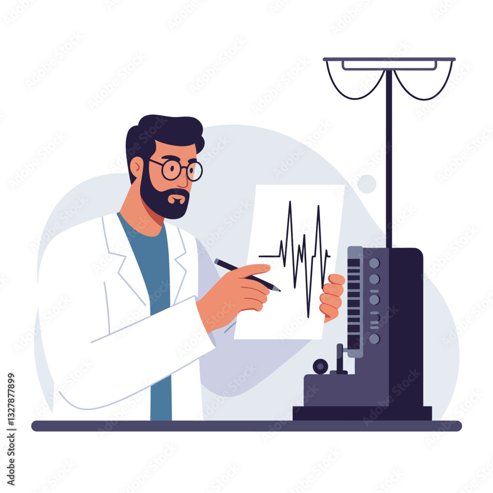 Doctor analyzing heart rate data with medical equipment in flat vector art Doctor analyzing heart rate data with medical equipment in flat vector art