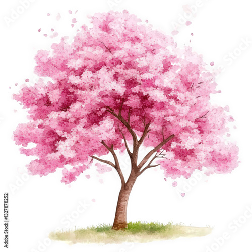 Fototapeta Naklejka Na Ścianę i Meble -  a vibrant pink flowering tree stands alone its blossoms creating a soft dreamy atmosphere the watercolor effect enhances its beauty making it ideal for nature-themed art or decoration
