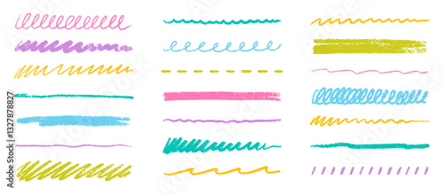 Chalk lines, charcoal highlight strokes doodle set. Pencil underlines, kids crayon strips, brush line in sketch style. Grunge texture. Hand drawn vector illustration isolated on white background