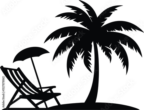 palm tree and Beach Chair, Beach chair silhouette vector, Beach umbrella and chair icon vector