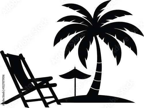 palm tree and Beach Chair, Beach chair silhouette vector, Beach umbrella and chair icon vector