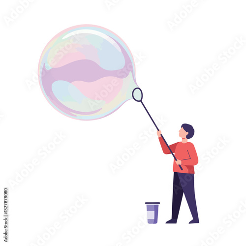 Child blowing a large soap bubble in flat vector art style