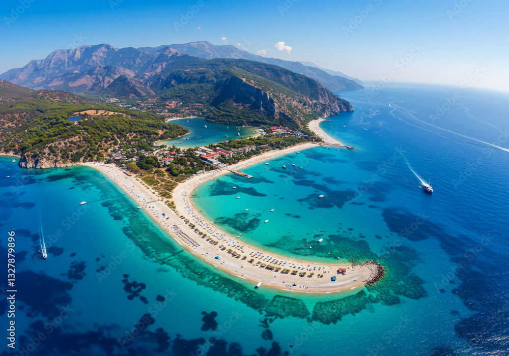 Fototapeta premium Oludeniz Blue Lagoon with turquoise sea, paradise white sand beach and tourist boat
