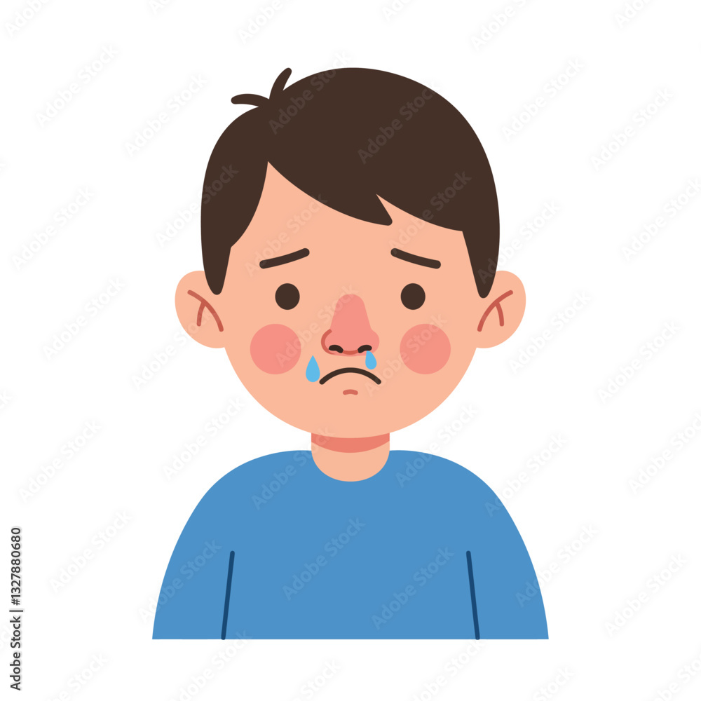 Sad young boy with tears in flat minimal vector art illustration Sad young boy with tears in flat minimal vector art illustration