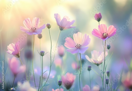 Wallpaper Mural Delicate Pink Cosmos Flowers Bathed in Soft Morning Light Creating a Dreamy Floral Landscape in Gentle Blur for Nature and Garden Aesthetics Torontodigital.ca