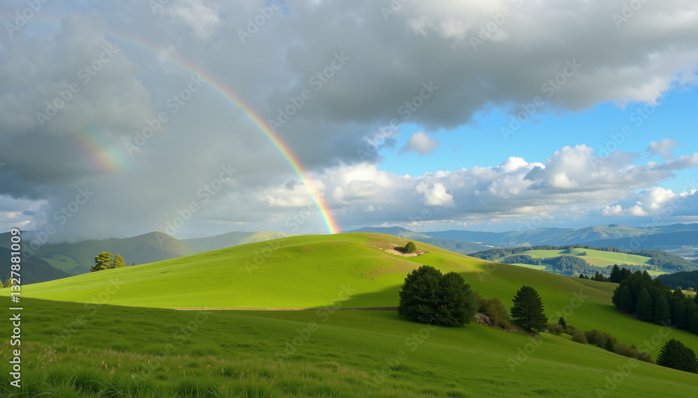 Obraz premium Breathtaking landscape with a vibrant rainbow arching over lush green hills and dramatic clouds, capturing the essence of nature's beauty and tranquility.