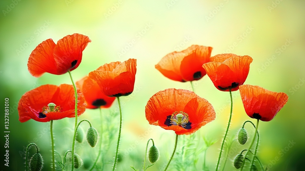 Fototapeta premium A red flower sits atop a lush green field, surrounded by other flowers A bee buzzes around the center