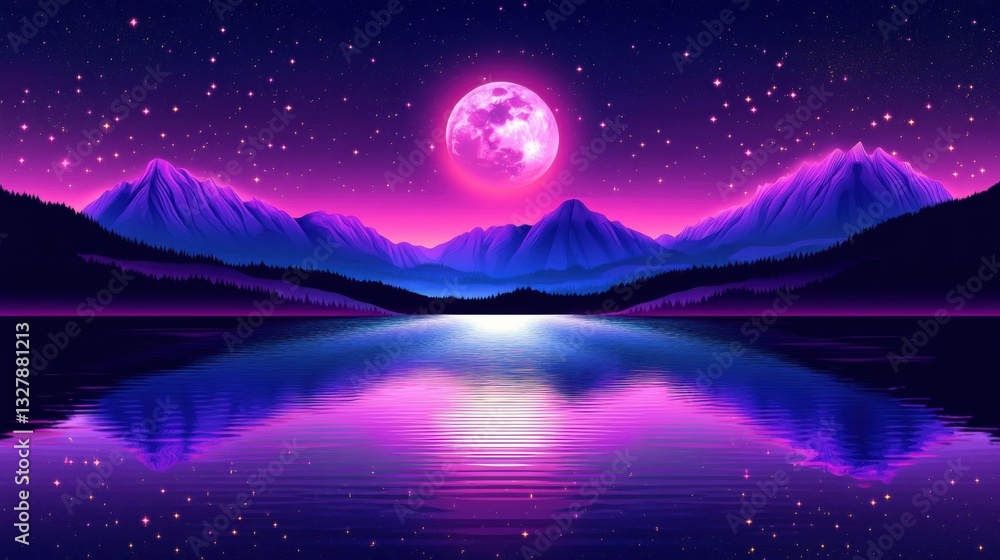 Fototapeta premium Surreal Mountain Landscape with Full Moon and Starry Night Sky