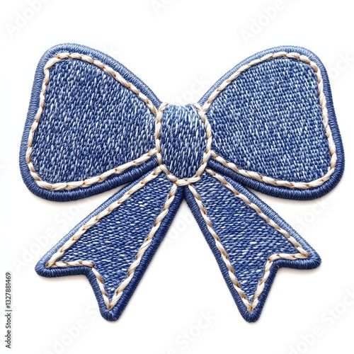 Bow-Shaped Denim Patch with Realistic Texture on White Background