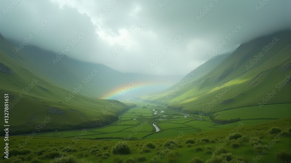 Magical Irish Landscape with a Misty Green Valley, a Vibrant Rainbow, and a Hidden Pot of Gold Guarded by a Mischievous Leprechaun Magical Irish Landscape with a Misty Green Valley, a Vibrant Rainbow, and a Hidden Pot of Gold Guarded by a Mischievous Leprechaun