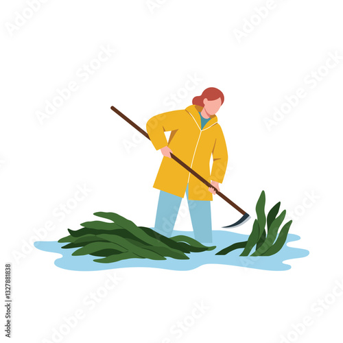 Person in yellow coat removing aquatic plants in flat vector illustration