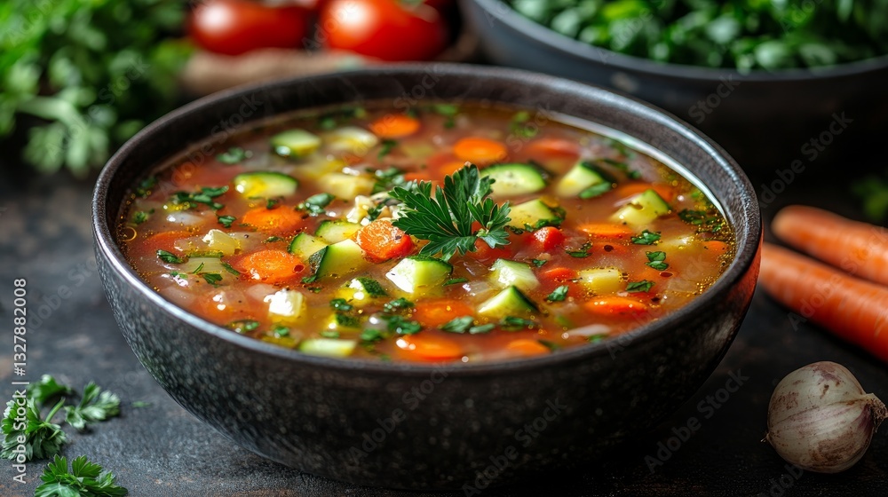 Savor a nutritious and comforting vegetable soup! It's loaded with vibrant, fresh vegetables like zucchini, tomatoes, celery, and carrots. Savor a nutritious and comforting vegetable soup! It's loaded with vibrant, fresh vegetables like zucchini, tomatoes, celery, and carrots.