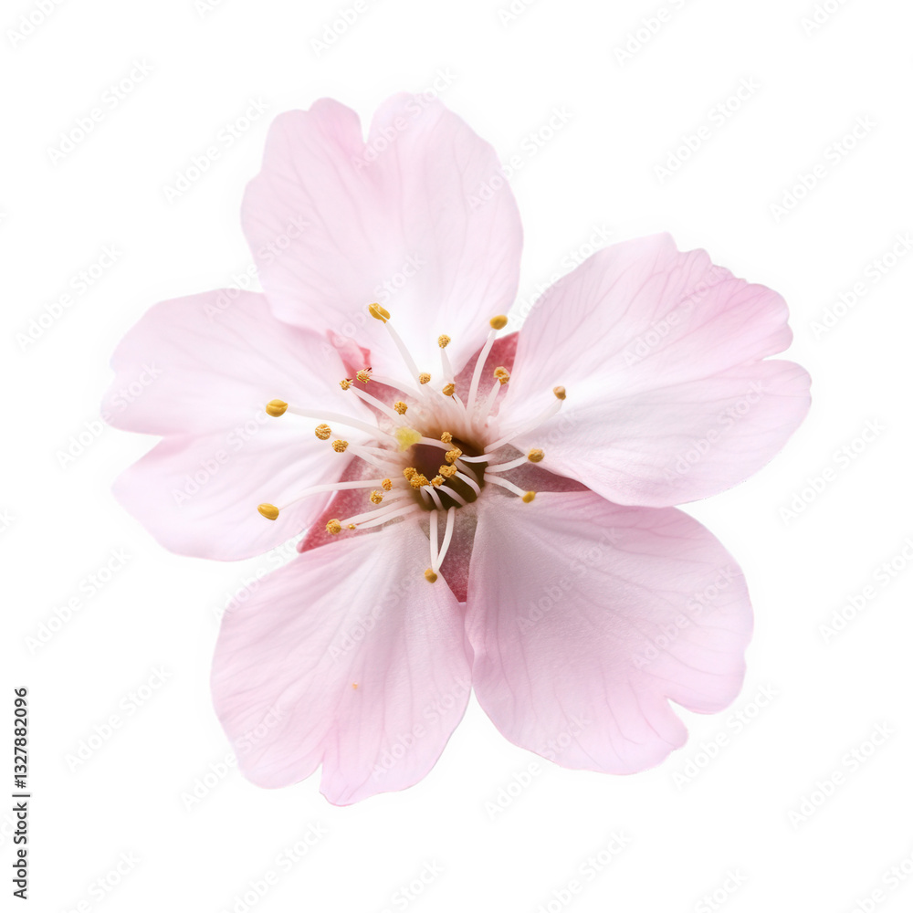 Obraz premium pink flower with soft petals and prominent stamens set against a white background showcasing its beauty and intricate details ideal for nature-themed designs and floral arrangements