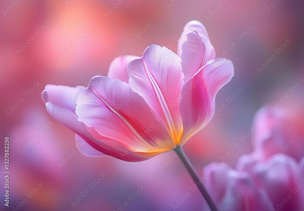 Delicate Pink Tulip Bloom in Soft Focus with Blurred Colorful Background, Nature Beauty and Elegance Captured in Springtime Garden Scene Delicate Pink Tulip Bloom in Soft Focus with Blurred Colorful Background, Nature Beauty and Elegance Captured in Springtime Garden Scene