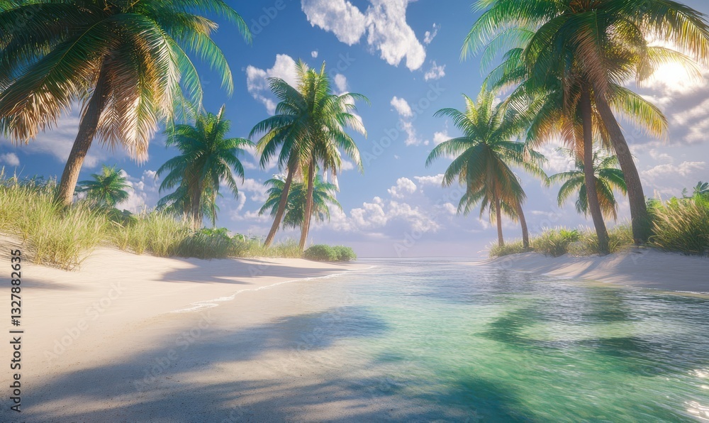 Fototapeta premium Tropical beach with palm trees, clear water, sunny sky, serene.