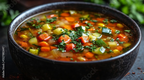 Savor a nutritious and comforting vegetable soup! It's loaded with vibrant, fresh vegetables like zucchini, tomatoes, celery, and carrots.