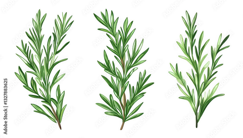 Fototapeta premium three sprigs of rosemary showcasing their vibrant green leaves in a detailed and artistic manner illustration highlights the herb's natural beauty and culinary significance