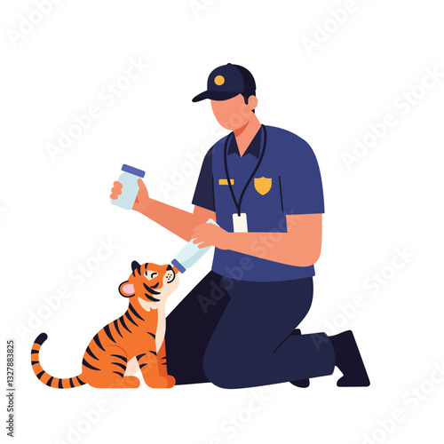 Caring wildlife officer feeding baby tiger with bottle in flat vector art