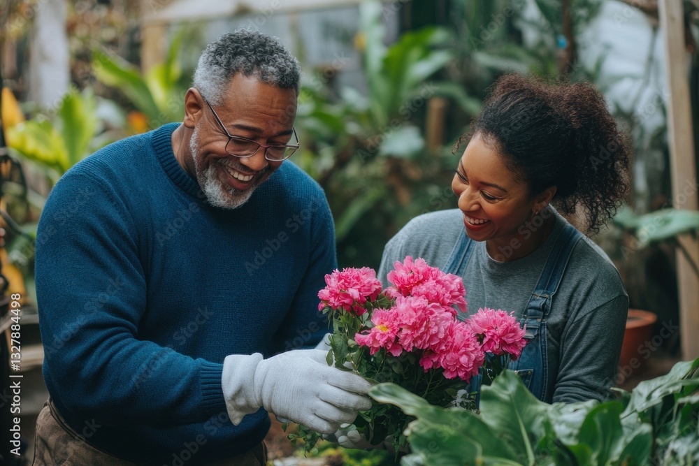 Happy Couple plant flower and gardening together. Happy Couple plant flower and gardening together.