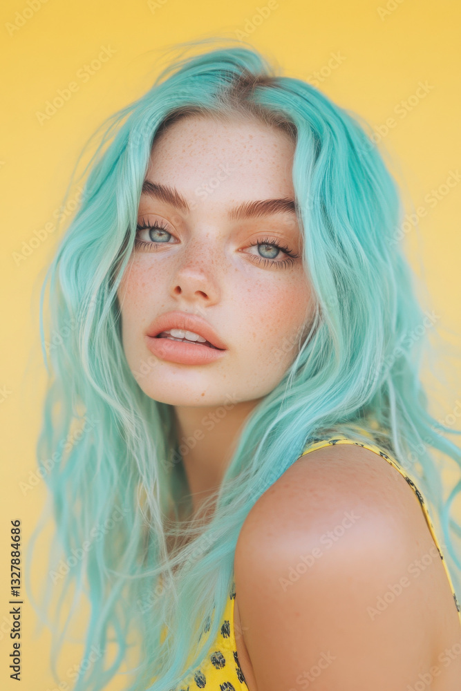 Naklejka premium Portrait of a young Caucasian woman with vibrant turquoise hair, freckled skin, and a serene expression against a bright yellow background.