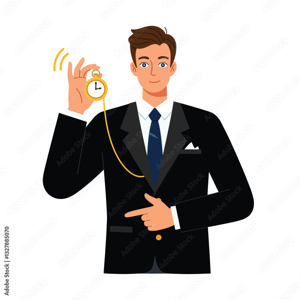 Businessman holding pocket watch in flat style vector art Businessman holding pocket watch in flat style vector art