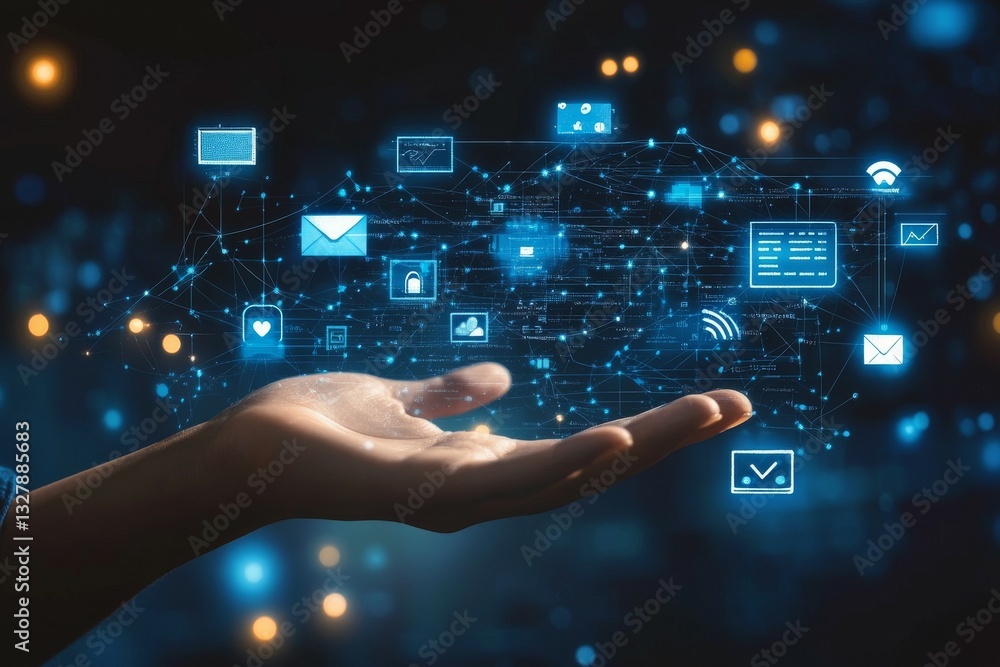 A hand extends outward with glowing digital icons floating above it, symbolizing communication, technology, and connectivity in a dark environment Generative AI A hand extends outward with glowing digital icons floating above it, symbolizing communication, technology, and connectivity in a dark environment Generative AI