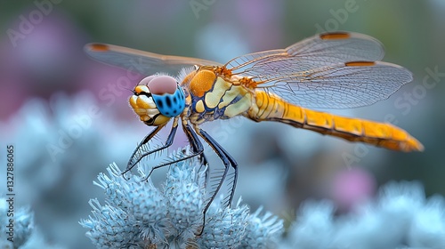 Colorful dragonfly perched on light blue flower photo