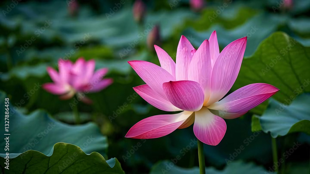 Beautiful pink lotus or water lily flowers blooming on pond background Beautiful pink lotus or water lily flowers blooming on pond background
