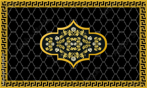 Luxury Persian rug with intricate golden floral patterns,Inspired by Royal Persian,Ottoman,Moroccan designs.Perfect for interior decoration, Islamic art,and Middle Eastern aesthetics