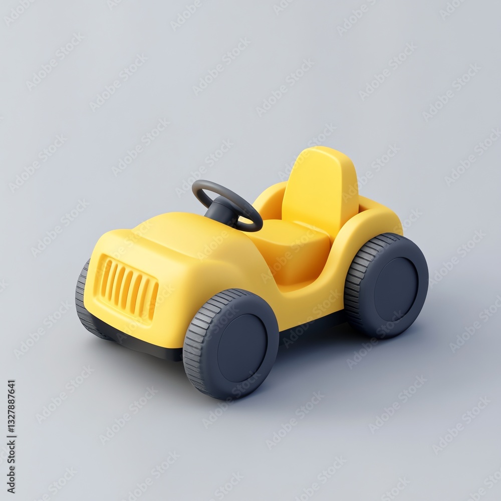 Obraz premium Cute yellow toy car with a simple, rounded design and black wheels, isolated on a neutral background.