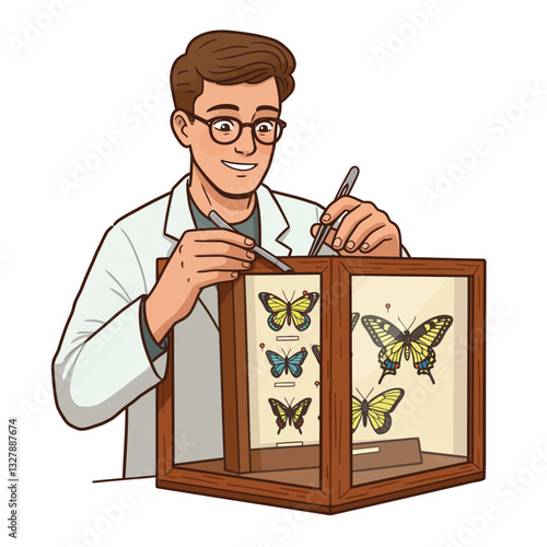 Scientist carefully arranging colorful butterflies in a wooden display case vector illustration