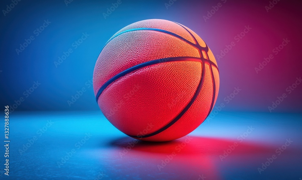 Obraz premium Basketball on court with neon lighting, ideal for sports ads
