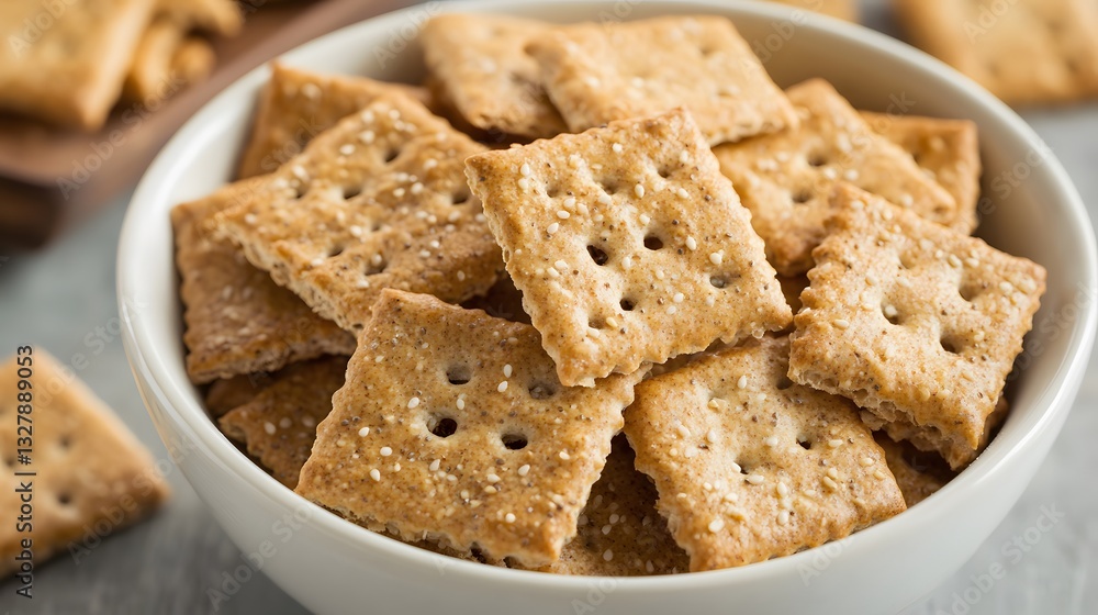 Crispy Sesame Wheat Crackers in Bowl Close Up Crispy Sesame Wheat Crackers in Bowl Close Up