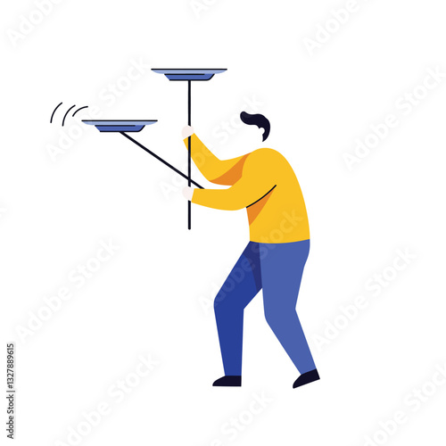 Man performing plate spinning with vibrant colors in minimal style vector art