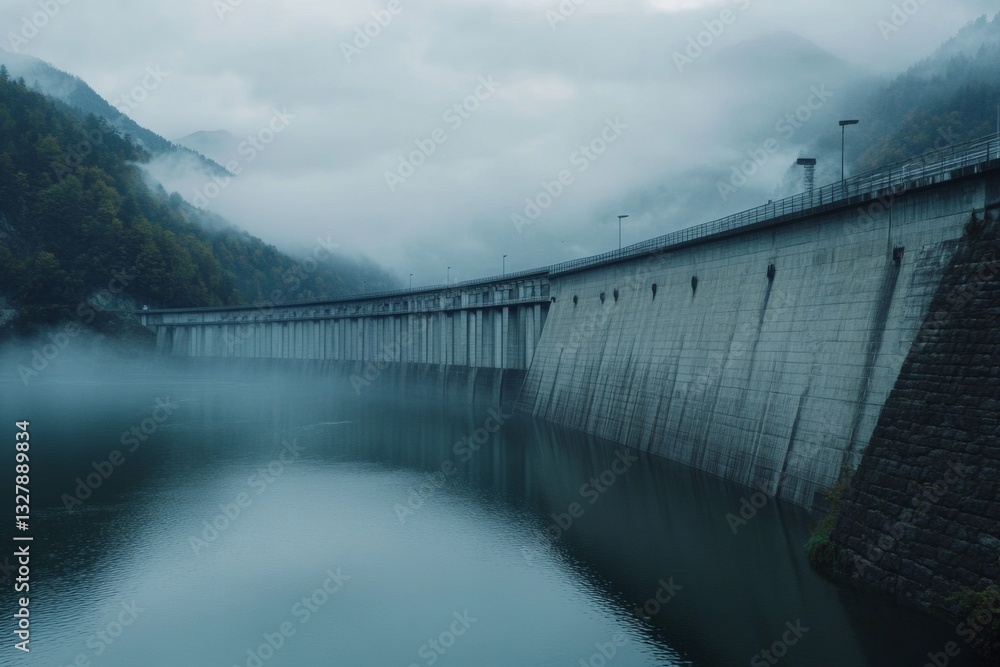 Obraz premium A serene dam stands tall against foggy mountain landscapes during morning hours, with calm waters below mirroring the misty atmosphere and solitude Generative AI