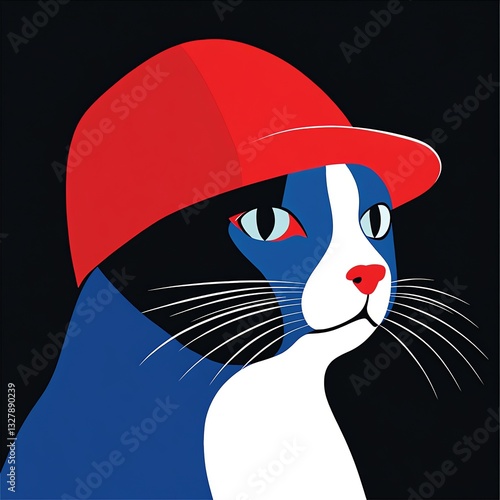 Stylized Blue and White Cat Wearing Red Cap Illustration