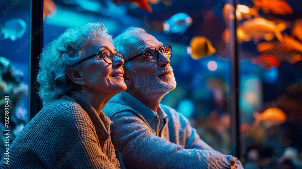 Fototapeta premium Elderly couple gazing at a vibrant aquarium, illuminated by colorful lights.