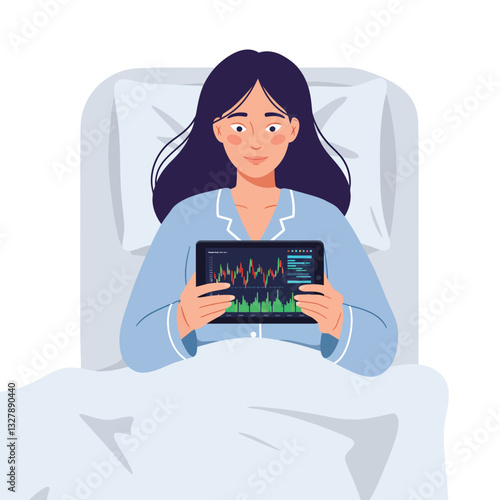 Woman in pajamas using a tablet to monitor health data in flat vector art