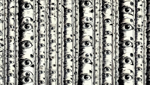 A seamless black-and-white pattern of birch tree trunks covered in surreal, staring eyes. The intricate engraving-style design creates a hypnotic, eerie forest atmosphere with a sense of mystery.
