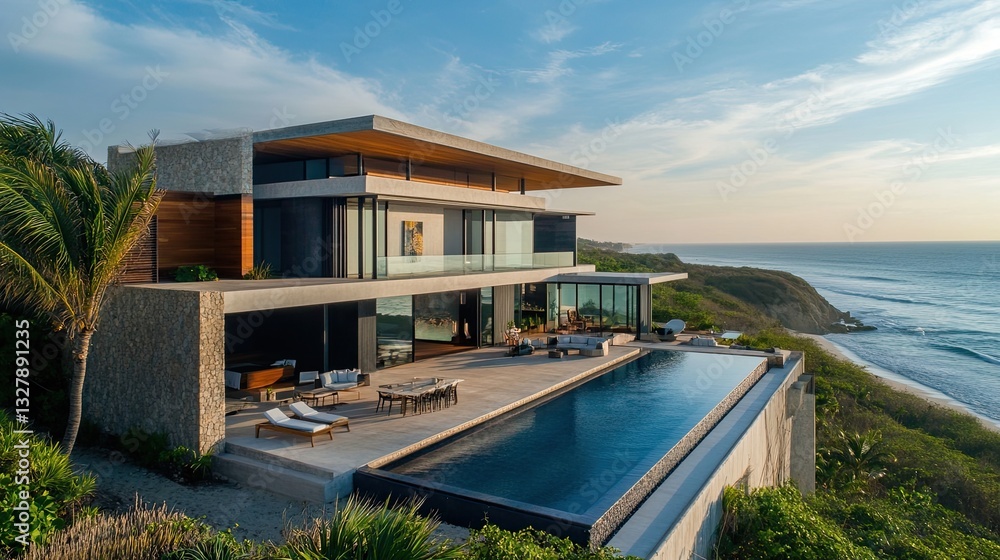 Obraz premium A modern beachfront property with open-plan interiors, minimalist design, and a stunning ocean view --ar 16:9 --v 6.1 Job ID: 75cb3807-6186-406a-abdf-23a6758d0f6a