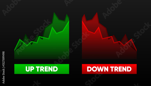 Up and Down trend with arrows. Stock exchange concept. Trader profit and loss. Arrows symbolizing growth or fall. Vector illustration.