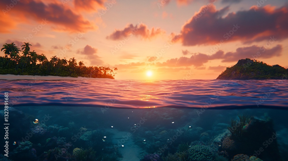 Obraz premium Ocean Background with Underwater Coral Reefs and a Sunset Coastline. Copy space. Generative AI