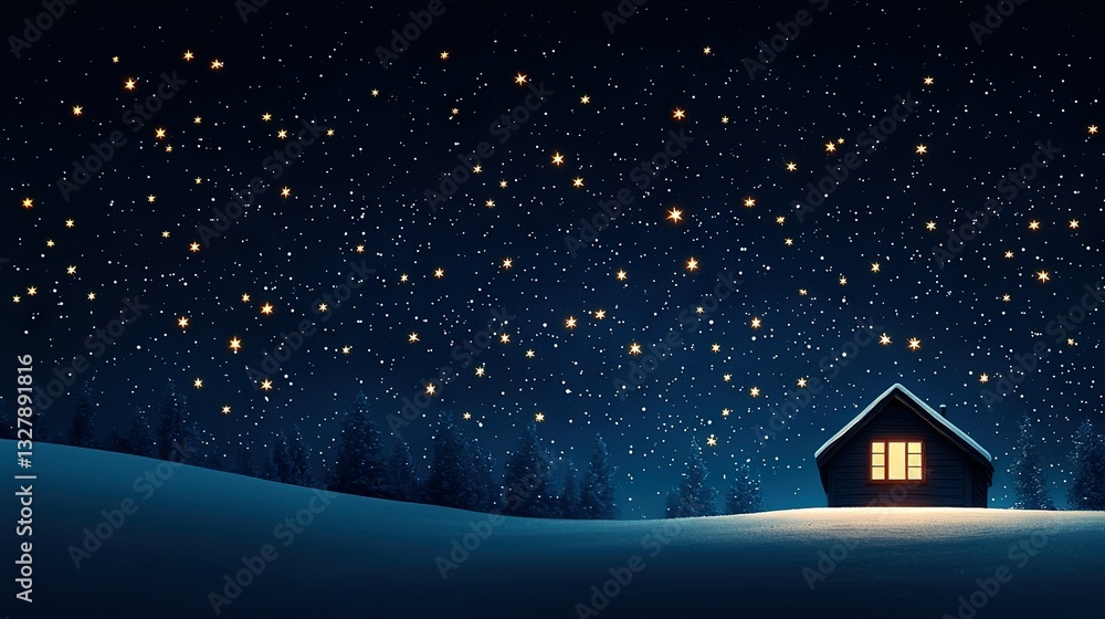 Naklejka premium A snow-covered cabin stands alone amidst a star-filled winter sky